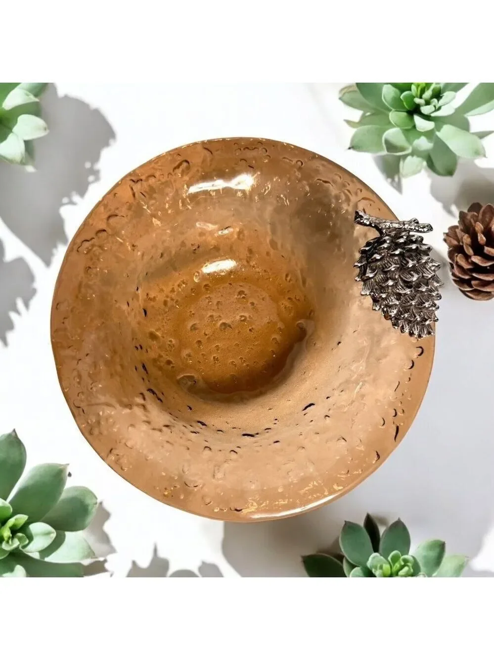 Amber Art Glass Dish Pinecone Embellishment